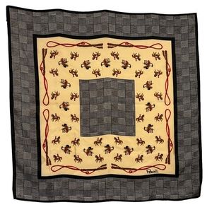 Paoli Signed Scarf equestrian horses lasso Approx 26.5” Square black white tan